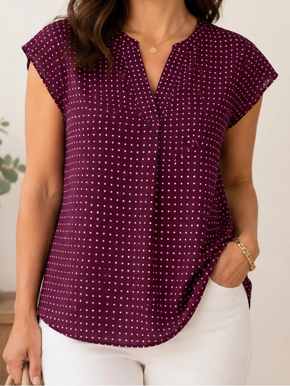 J. Crew Blouse Burgundy Red White Dot Split-Neck Cap Flutter Sleeve sz 12